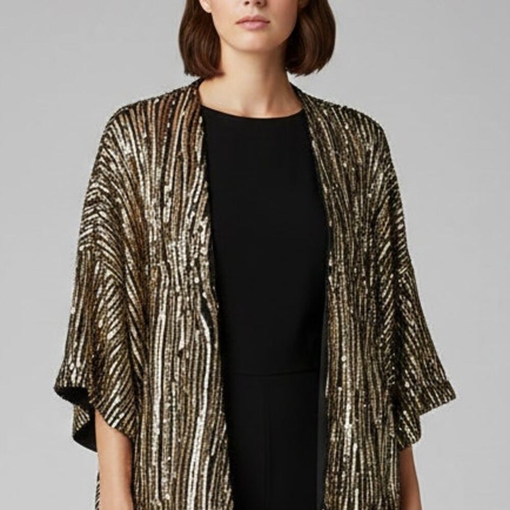 Gianni Bini Gold Sequin Jacket Kimono Topper Size Medium Sparkle Glam Oversized